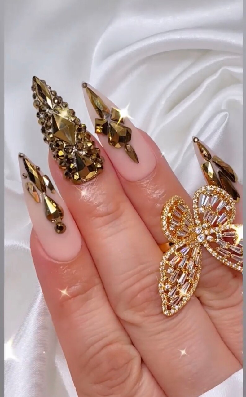 Luxurious Gold Press on Nails Free Prep kit Dark Gold Bling bling with a soft pink base and a matte finish image 3