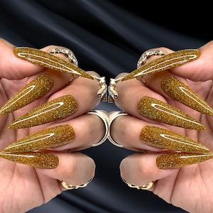 Reflective, Yellow Gold, Press on Nails + Free Nail Prep kit| Luxurious glitter set avail in other shapes!