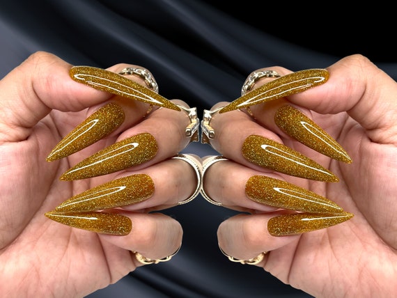 Reflective, Yellow Gold, Press on Nails + Free Nail Prep kit 