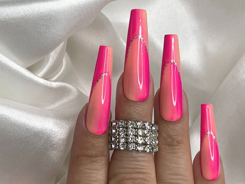 Pink and Peach Ombre/French Tip Press On Nails Free Prep Kit Luxurious Birthday nails, Quince Nails, Gala nails avail in other shapes image 3