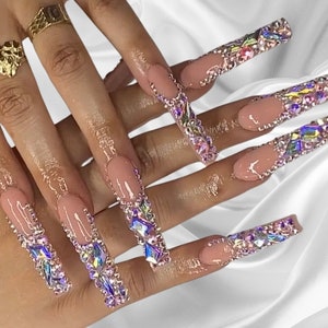 Luxurious Bling French Tip Press on Nails Free Prep kit Bright diamond nails for Quincenera 21 Birthday Other Shapes and Lengths Avail image 1