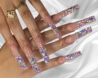 Luxurious Bling French Tip Press on Nails + Free Prep kit |Bright diamond nails for Quincenera 21 Birthday | Other Shapes and Lengths Avail!