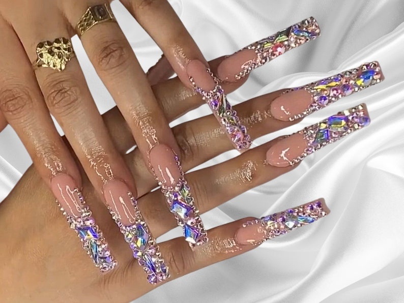 Luxurious Bling French Tip Press on Nails Free Prep kit Bright diamond nails for Quincenera 21 Birthday Other Shapes and Lengths Avail image 1