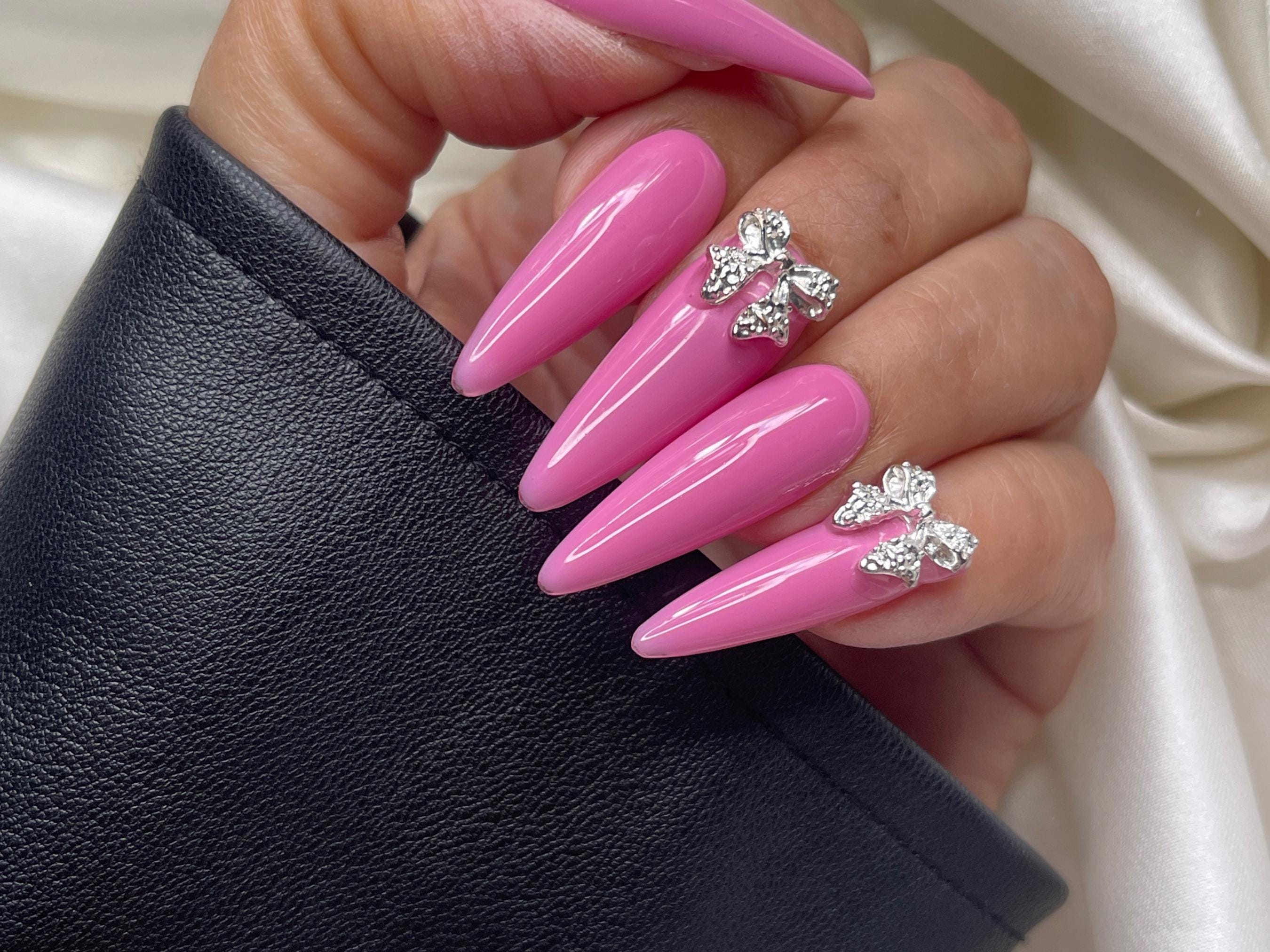 homecoming nails for pink dress Silver Bow Press on | Classy Nails, Luxury Nails, Fake Nails, Long Nails, Summer Nails, Wedding, Quincenera, Stiletto Nails homecoming nail ideas