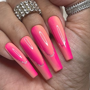 Pink and Peach Ombre/French Tip Press On Nails + Free Prep Kit | Luxurious Birthday nails, Quince Nails, Gala nails avail in other shapes!