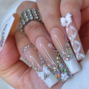 French tip Bling Press on Nails | Luxury Diamond crystal nails perfect for 21st Birthday Quince