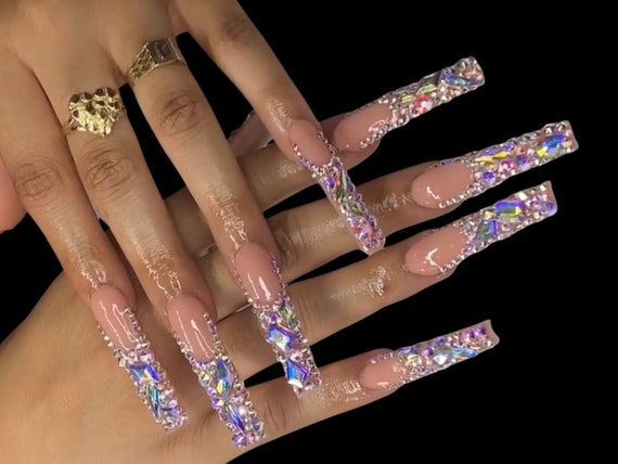 Pink Marble Nails with Rhinestones ~ Azaela – SB Lux