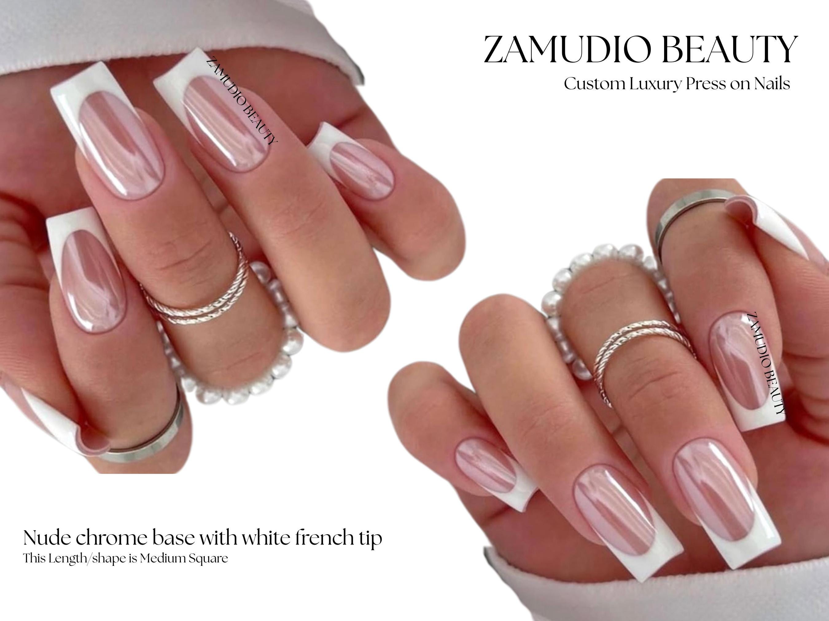 Luxurious White French Tip With Nude Chrome Base Press on Nails