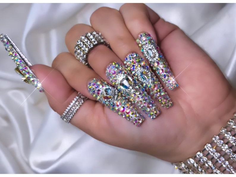 Bling Press on Nails Free Prep Kit Luxurious, Diamond, Swarovski, 21st Birthday, Quincenera Nail Supply Long nails Fake nails image 1