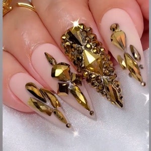 Luxurious Gold Press on Nails Free Prep kit Dark Gold Bling bling with a soft pink base and a matte finish image 1