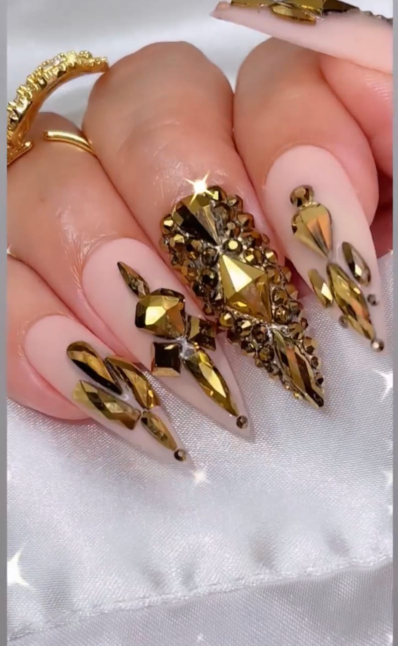 Luxurious Gold Press on Nails Free Prep kit Dark Gold Bling bling with a soft pink base and a matte finish image 1