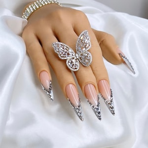 Silver Bling Press On Nails Free Prep Kit Luxurious Birthday nails Quince Nails Christmas nails also avail in other shapes and lengths image 3