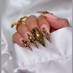 Luxurious Gold Press on Nails Free Prep kit Dark Gold Bling bling with a soft pink base and a matte finish image 2