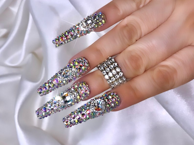 Bling Press on Nails Free Prep Kit Luxurious, Diamond, Swarovski, 21st Birthday, Quincenera Nail Supply Long nails Fake nails image 2