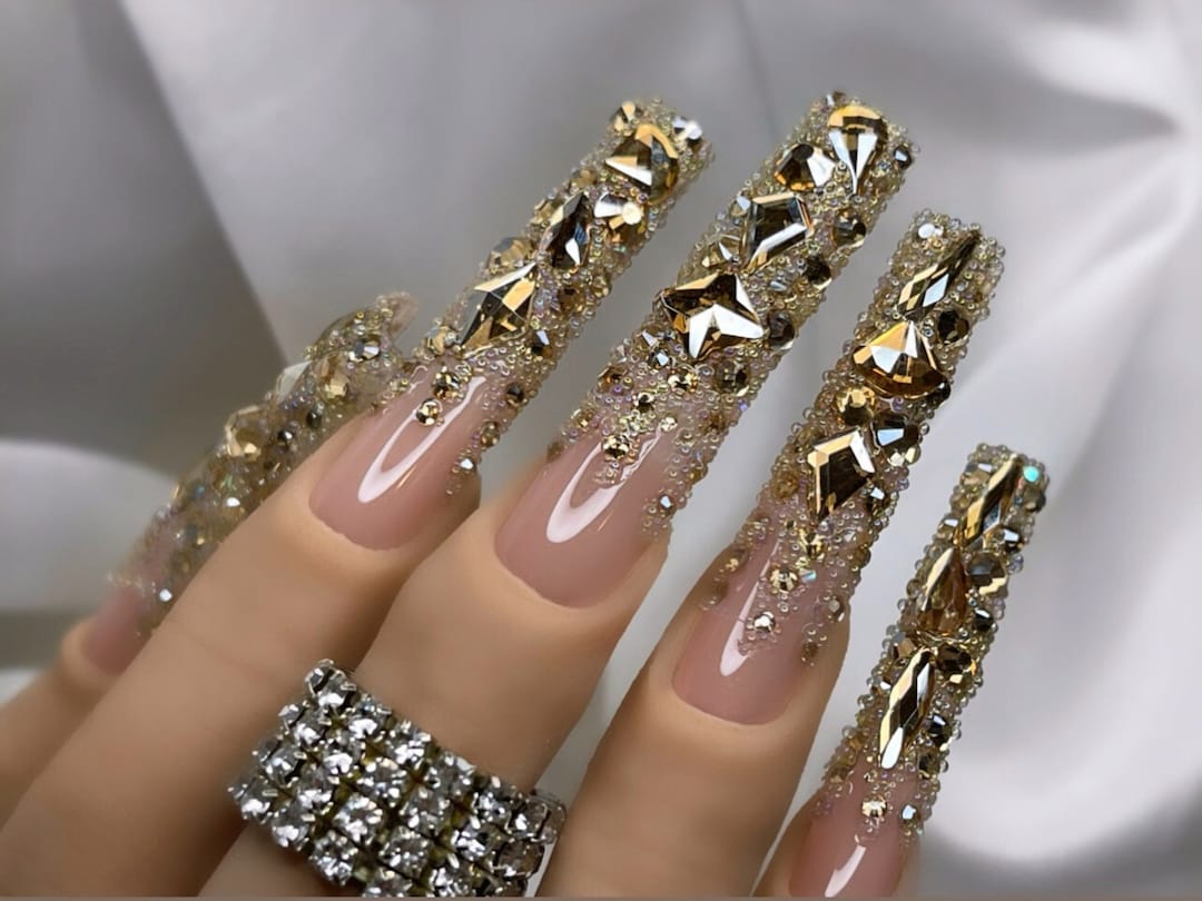 Luxurious Gold W/soft Pink Base Press on Nails + Free Prep Kit | Perfect  Diamond, Swarovski, Quince, 21 Birthday Nails | Other Shapes Avail! - Etsy