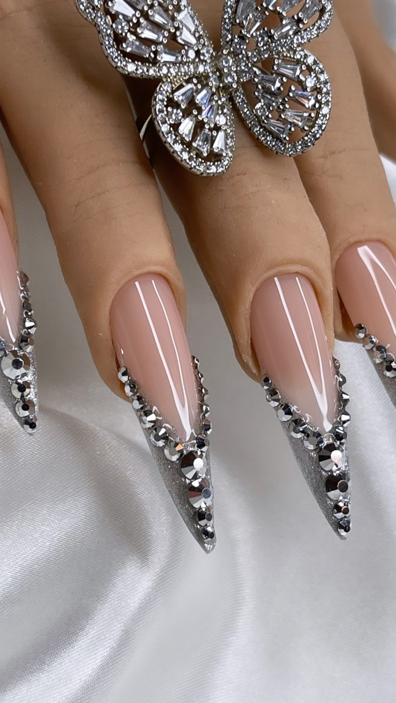 Silver Bling Press On Nails Free Prep Kit Luxurious Birthday nails Quince Nails Christmas nails also avail in other shapes and lengths image 4