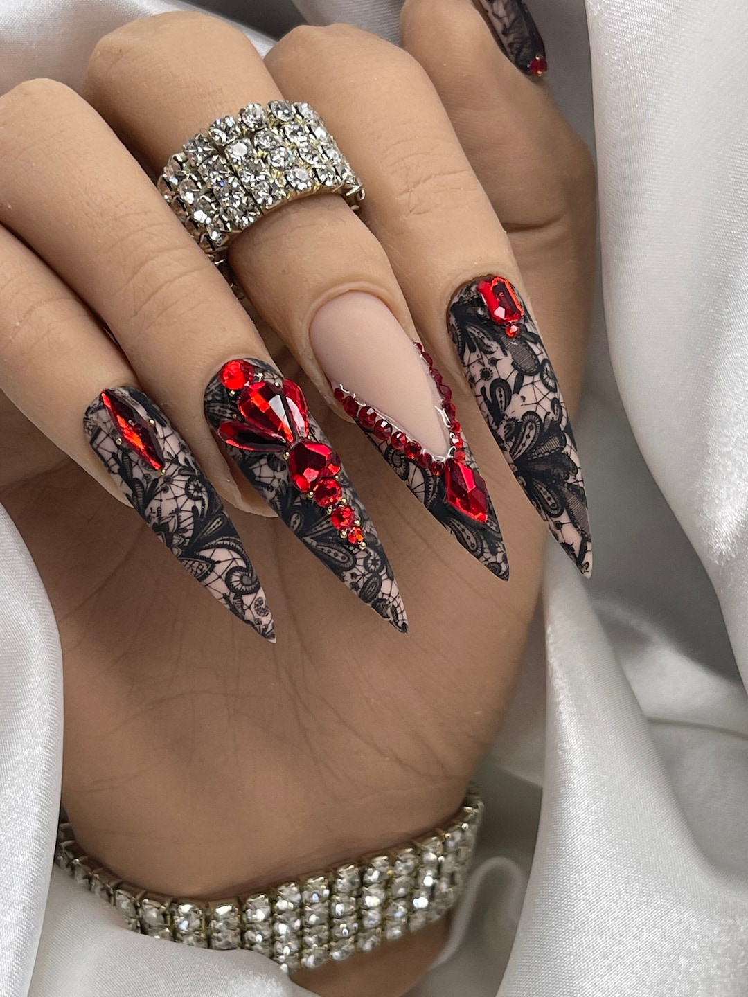 Press on Nails Black Lace Bling Nails Extra Long Nails Stiletto Nails Red Press on Nails Long