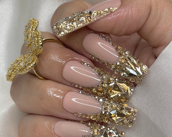 Luxurious Gold Bling French Tip Press on Nails + Free Prep kit |Bright diamond nails for Quincenera 21 Birthday More Shapes/Lengths Avail!