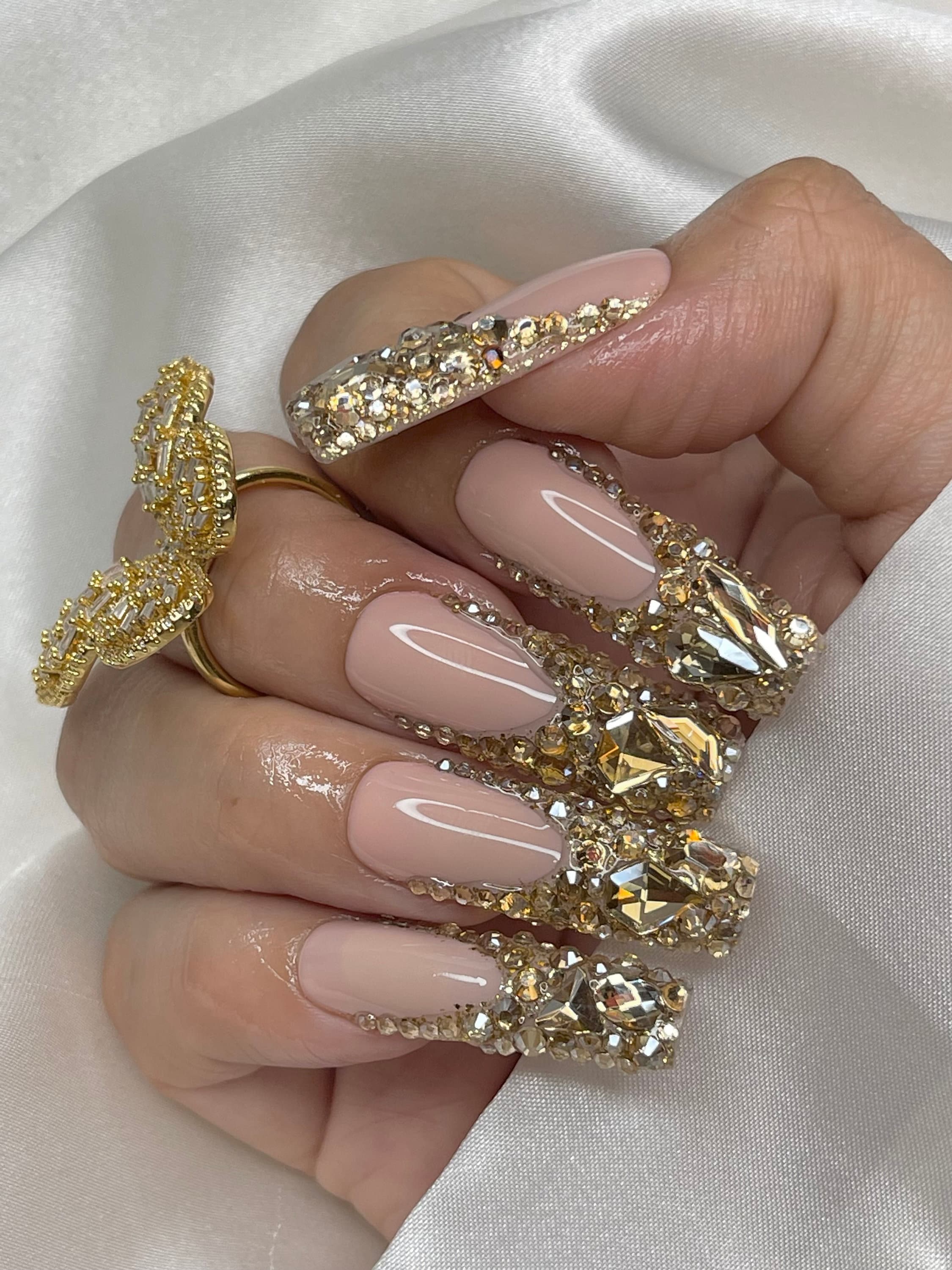 Luxurious Gold Bling French Tip Press on Nails Free Prep Kit bright Diamond  Nails for Quincenera 21 Birthday More Shapes/lengths Avail 
