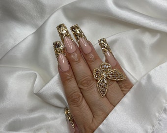 Luxurious Gold Bling French Tip Press on Nails Free Prep Kit bright Diamond  Nails for Quincenera 21 Birthday More Shapes/lengths Avail 