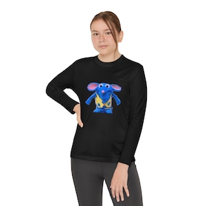 May include: Black long-sleeve shirt featuring a blue cartoon mouse character with a yellow vest and the word "greetings" on the chest. The shirt is made of a soft, comfortable material.