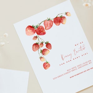 Berry Excited Baby Shower Strawberry Baby Shower Invitation Template Canva Invitation Template Strawberry Baby Shower Modern Baby Shower image 2