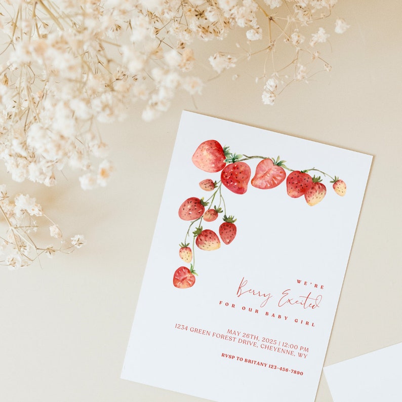 Berry Excited Baby Shower Strawberry Baby Shower Invitation Template Canva Invitation Template Strawberry Baby Shower Modern Baby Shower image 7