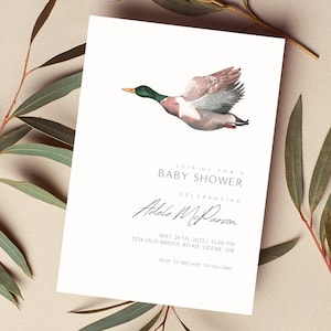 Editable Gender Neutral Duck Baby Shower Invitation Printable Canva Template Mallard Baby Shower Invitation Hunting Baby Shower