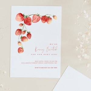 Berry Excited Baby Shower Strawberry Baby Shower Invitation Template Canva Invitation Template Strawberry Baby Shower Modern Baby Shower image 1