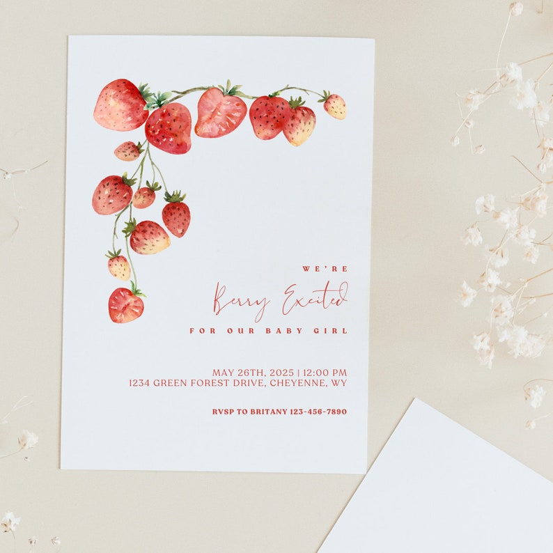 Berry Excited Baby Shower Strawberry Baby Shower Invitation Template Canva Invitation Template Strawberry Baby Shower Modern Baby Shower image 1
