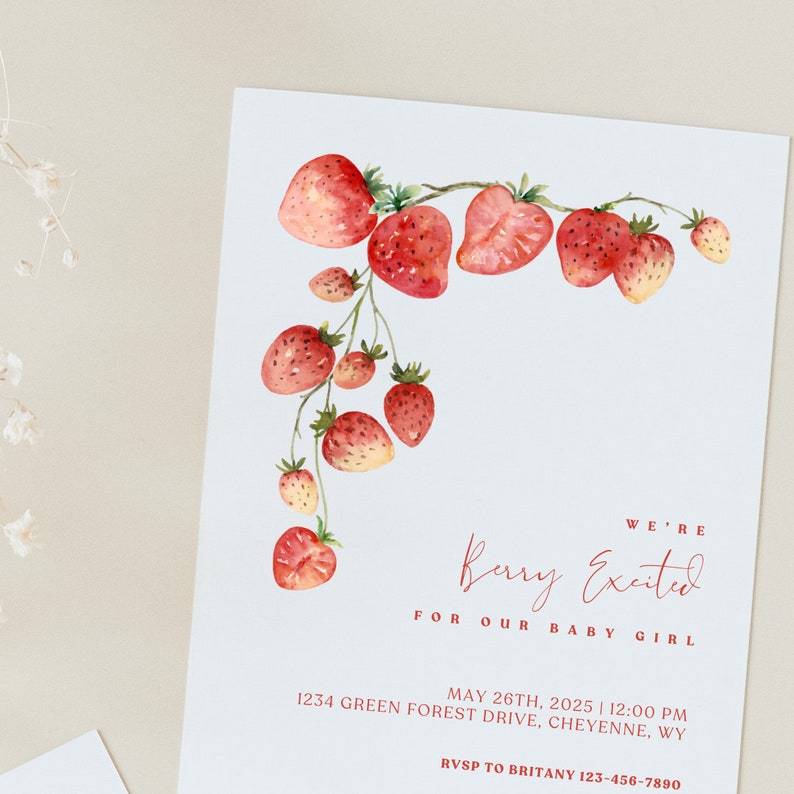 Berry Excited Baby Shower Strawberry Baby Shower Invitation Template Canva Invitation Template Strawberry Baby Shower Modern Baby Shower image 6