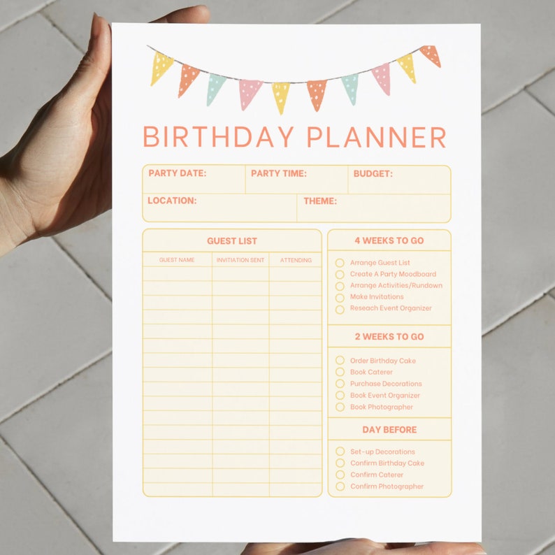 Printable Birthday Party Checklist for Birthday Party Instant Download ...