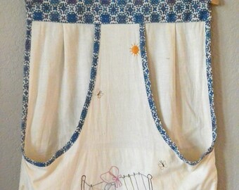 VTG embroidered hanging large clothespin bag on wood hanger "Wash on Monday"