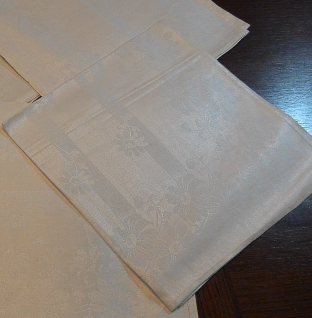 VTG NOS Pure Irish Linen Napkins Set of 7 Damask 17 Square Daisy Stripe