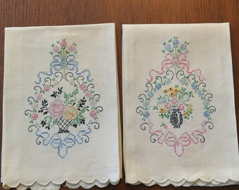 VTG 50's embroidered pastel floral linen tea hand guest towels