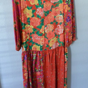 VTG 80's Silk drop waist dress red floral Joan Leslie Kasper sz 6 image 3