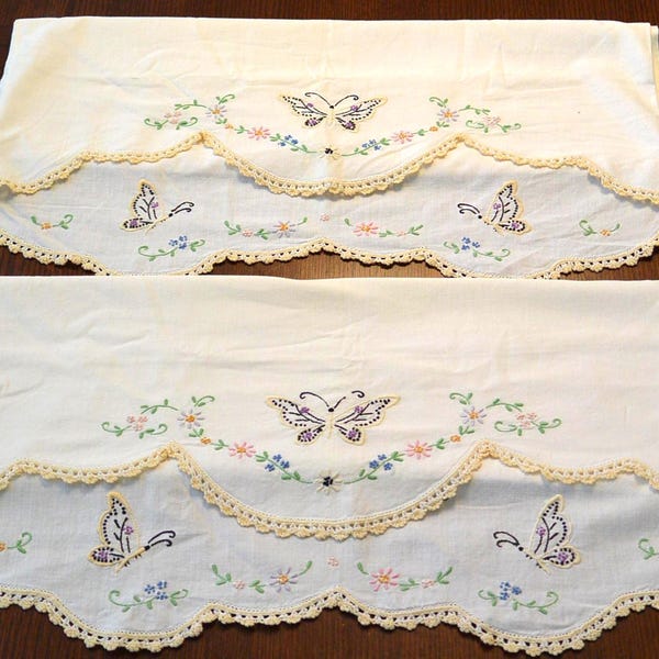 2 VTG standard Pillowcase embroidered Butterflies flowers pastels