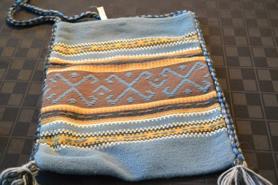 VTG Grecian Greek Boho woven market bag purse Blu… - image 5