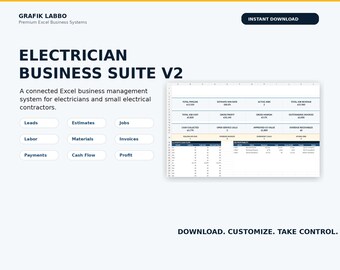 Electrician Business Suite Excel Template, Electrical Contractor Job Costing, Estimate Invoice Tracker, Service Call Dashboard