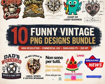 Funny Vintage T-Shirt Design Bundle PNG | 10 Retro Graphic Designs for Commercial Use | Mug Print Files & POD Graphics