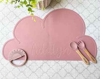 Personalized Silicone Baby Placemat: Cloud Design, Engraved Name
