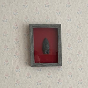 May include: A framed arrowhead display. The arrowhead is dark gray and set against a red background within a gray wooden frame. The frame is mounted on a floral wallpaper background. A potted plant is in the foreground.