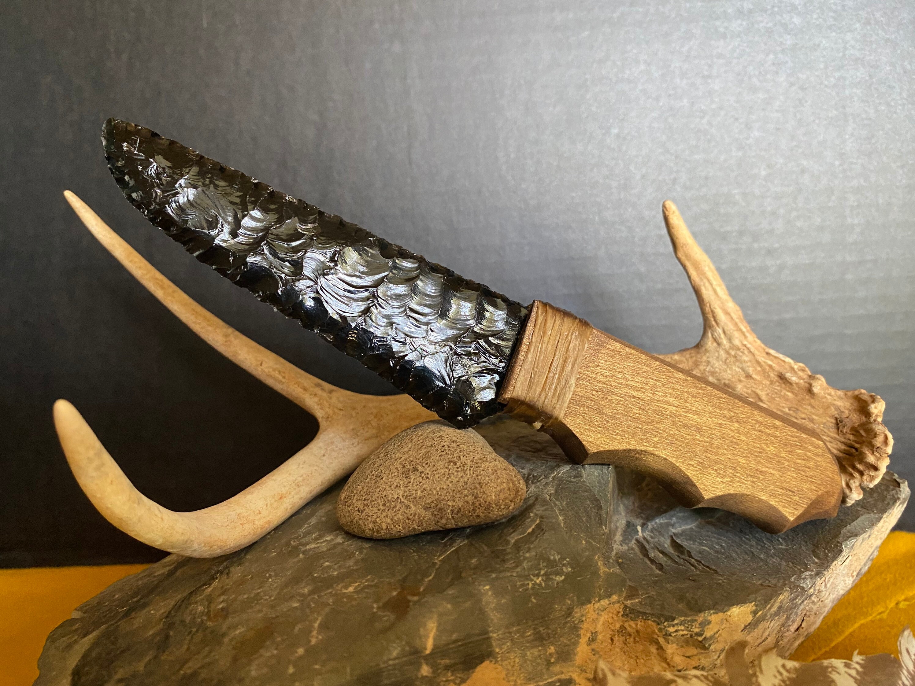 Black Obsidian Blade Stone Knife Wood Handle Rustic