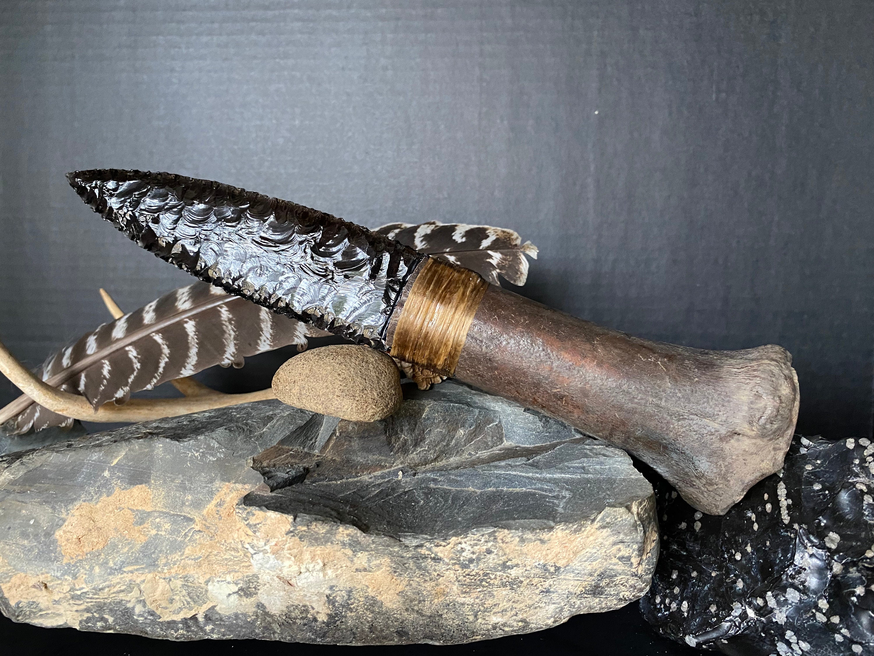 Flintknapped Stone Knife Ancient Bison Handle Triflow Etsy