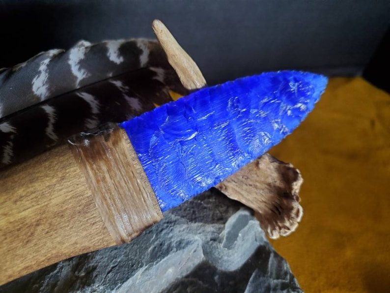 Cobalt Blue Fiber Optic Glass Knife Blade Knapped Primitive Display Knife Handmade Wood Handle
