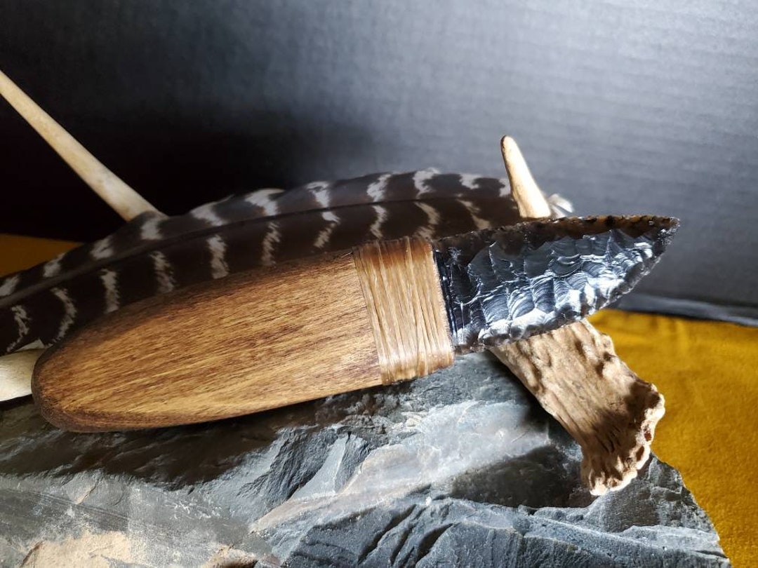 Banded Obsidian Blade Stone Knife Wood Handle Rustic