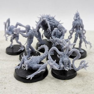 Könnte beinhalten: Ein Set aus acht grauen 3D-gedruckten Miniaturfiguren, darunter menschenähnliche Figuren mit Waffen und monströse Figuren mit Tentakeln und Krallen. Die Figuren sind in verschiedenen Action-Posen dargestellt und stehen auf runden Sockeln.