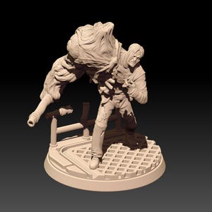 May include: A detailed, gray, 3D printed miniature of a person being attacked by a creature with a long, flowing, tentacle-like arm. The miniature is posed on a circular base with a grid pattern.
