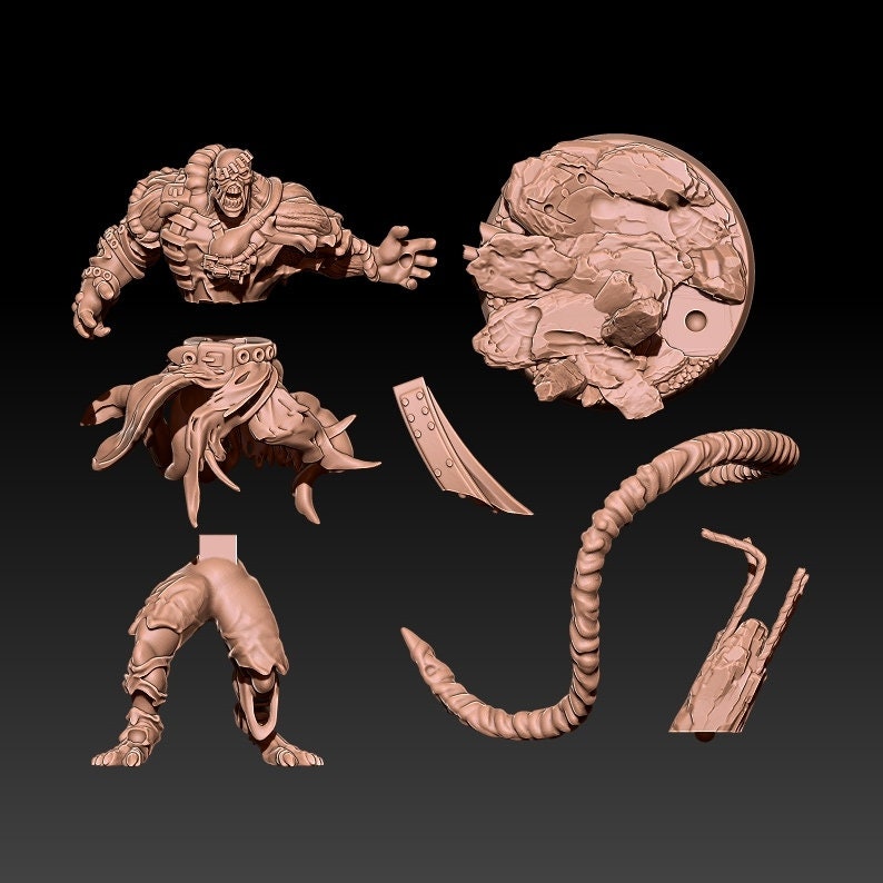 May include: A 3D printed model of a monster, broken down into multiple pieces. The model is made of a light brown plastic and is ready to be assembled. The pieces include the head, torso, legs, arms, and a base.