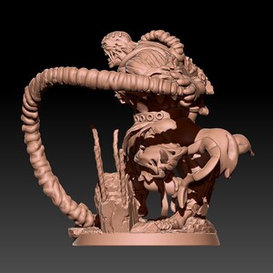 May include: A detailed 3D printed miniature of a monstrous creature with a long, coiled tail, standing on a rocky base. The creature has a grotesque, fleshy appearance with a twisted, open mouth.